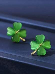 1 Pair Four-Leaf Clover Earrings For Women, Summer Cat Eye Stone Earrings, New Unique High-End Earrings, Elegant - Green - View 3