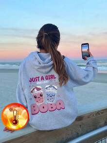 1件情人节休闲印花卫衣，适合青少年女孩，秋冬季加厚保暖内衬 - 色彩缤纷，适合喜欢奶茶的女孩 - 灰色 - 查看 3