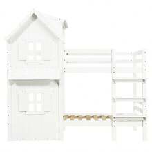 Children's Bunk Bed 90x200 Cm, Design With Windows And Roof, Side Rails And Straight 3-Step Ladder, Stabilized Slatted Base, Pine, MDF And Plywood Frame, White - White - View 12