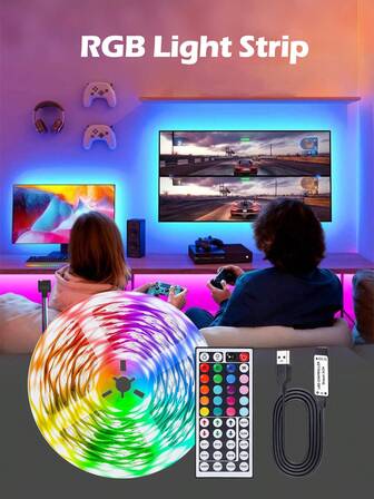 Control remoto infrarrojo de 44 teclas a 5V, tira de LED RGB 3535. Bajo voltaje, cortable, durable, apto para uso en interiores, perfecto para habitaciones, dormitorios, escaleras, así como para Halloween y Navidad.