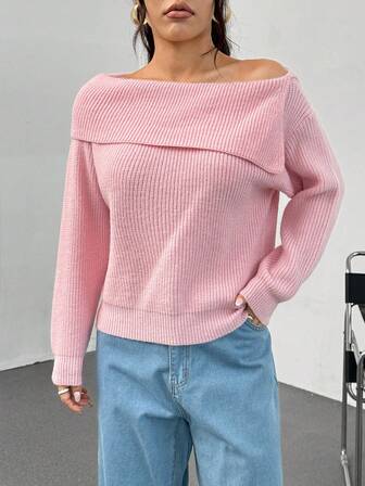 Casual Versatile Solid Color Off Shoulder Women Sweater