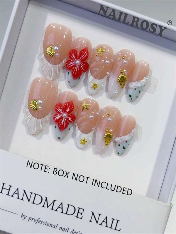 10 Unhas Postiças Acrílicas Artesanais Rosa e Transparente com Formato Amêndoa, Curtas, com Design Floral 3D, Ferramentas para Unhas Postiças para Casamento, Aniversário, Festa, Estilo Francês Fofo