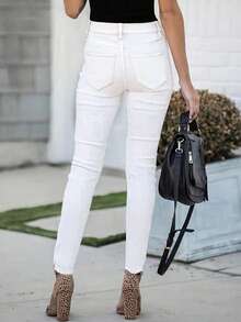 Celana Jeans Kasual Skinny Berpotongan Sobek dengan Kancing Depan untuk Wanita Ukuran Plus, Cocok untuk Kencan dan Jalan-jalan - Putih - View 7