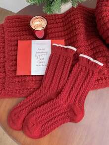 Set de șosete tricotate duble roșii 8/4/1 - model cu buline/dungi/copaci, șosete de damă, șosete confortabile cu guler rotund, cadou de sărbători - roșu - Vizualizare 3