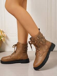 Botas femininas plus size, lançamento outono/inverno 2025, sola grossa, estilo britânico, com cadarço. - Castanho - Ver 3