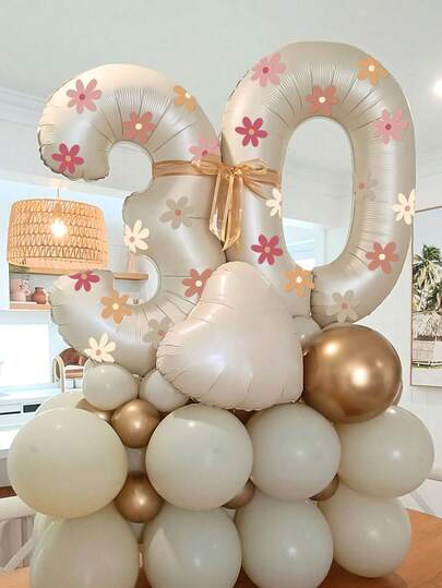 3pcs 32-Inch Cream Color Number Balloons & Daisy Flower Stickers, 0-9 Birthday Number Balloon Set Suitable For Birthday Party, Anniversary, Holiday Party, Family Gathering Decoration