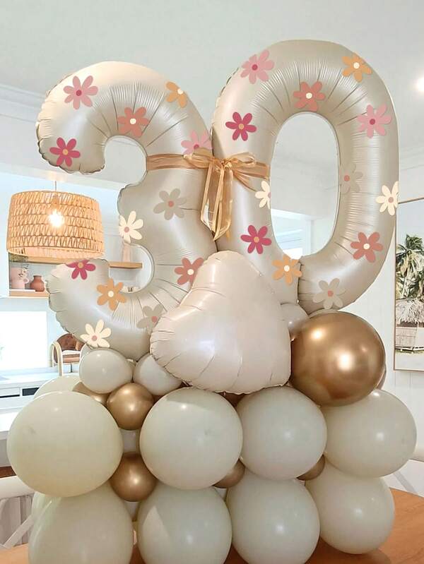3pcs 32-Inch Cream Color Number Balloons & Daisy Flower Stickers, 0-9 Birthday Number Balloon Set Suitable For Birthday Party, Anniversary, Holiday Party, Family Gathering Decoration