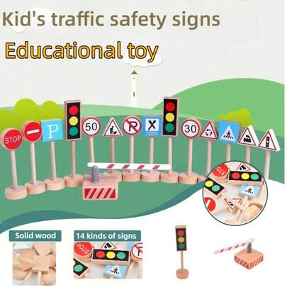 1 låda träleksaker med trafiksäkerhetsskyltar, trärollleksaker, trafikskyltar och signalljus | Pedagogiska leksaker, biltillbehör, födelsedagspresent, julklapp, lämplig för pojkar och flickor från 3 år