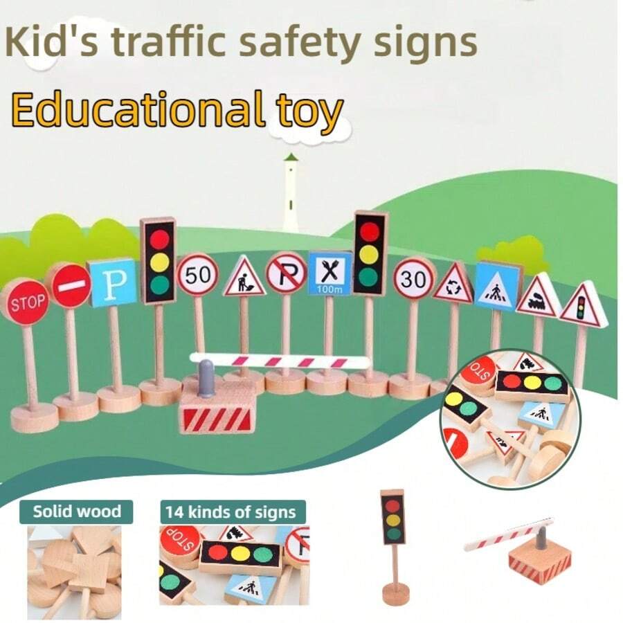 1 Box Wooden Traffic Safety Sign Toys, Wooden Role Play Toys, Traffic Signs And Signal Lights | Educational Toys, Car Accessories, Birthday Gift, Christmas Gift, Suitable For Boys And Girls 3+ Years Old - Wooden Toys - View 1