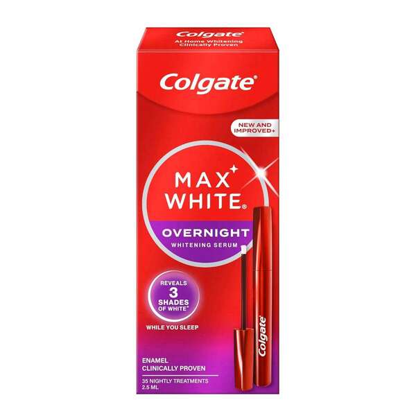 colgate Max White Sérum Blanqueador Dental Nocturno 2,5ml (Entrega en 48 horas), Gel Blanqueador de Dientes en Casa, Blanquea hasta 3 Tonos mientras Duermes, con Nuevo Aplicador, Cuidado del Esmalte, Blanqueamiento con Peróxido, Dientes Blancos, Blanqueador Dental Eficaz