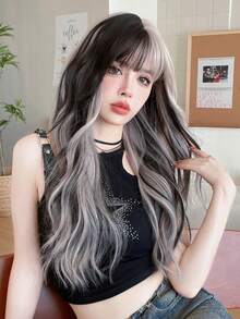 NICKY WALL 长款银灰色波浪假发，刘海挑染，黑色带粉色波浪卷发，分叉染色假发，合成时尚高密度耐热纤维假发，适合女士和女孩日常派对角色扮演圣诞节使用，26 英寸 - 挑染粉色 - 查看 12