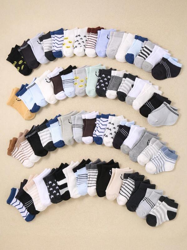 24 Pairs Soft Baby Socks, Striped & Star Pattern, Toddler Boys Socks, Assorted Printed Designs, Comfortable Breathable Stretchy Daily Socks, 0-36 Months, Suitable For Spring/Summer, Baby Socks, Toddler Boy Socks, Infant Socks, Ankle Socks, Printed Socks, Newborn Gift, Valentine's Day Gift, Newborn Essential Set