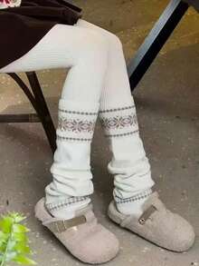 1 Pair Multicolor Korean Style Fair Isle Knit Leg Warmers For Women, Thick Knit Snowflake Design, Slimming & Warm, Grey, Cozy - Multicolor - View 3