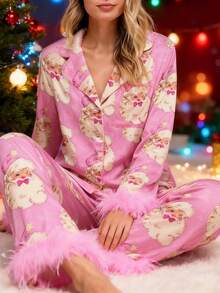 Women Y2k Silk Satin Christmas Pajamas Sets Xmas Tree/Santa Claus Print Plush Trim Long Sleeve Sleepwear Holiday Print Two Piece Pjs Pants PJs Set Loungewear - 粉色 - 查看 3