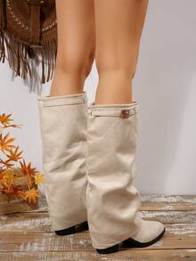 2025新款女士尖头过膝长靴，鲨鱼腿过膝长靴，时尚中筒靴，侧拉链 - 米色 - 查看 6