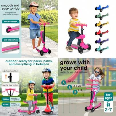 SereneLife 3 Wheel Scooter For Toddlers And Foldable Seat LED Wheels Adjustable Handlebar AntiSlip Deck Rear Foot Brake LeantoSteer Kid Scooter Ages 18M 7Y Supports Up To 50 Kg.