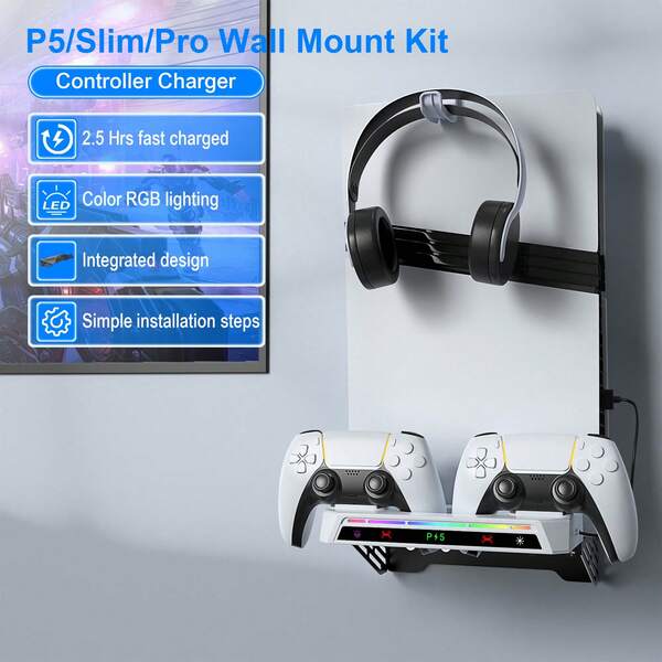 Console de Jogo P5 Montado na Parede, Estação de Resfriamento RGB P5, Inclui Dock de Carregamento, Suporte de Parede de Metal, Iluminação RGB Multimodal, Acompanha 5 Acessórios (Suporte/Gancho/Conjunto de Parafusos), Estrutura Simples e Durável