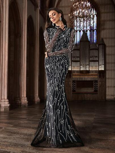 Sparkling Hot Drill Apricot Color Long Sleeve Beaded Rhinestone Slim Women Gown Dresses For Dinner Party, Banquet, Cocktail Party Wedding Vacation