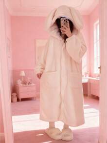 女士舒适抓绒连帽睡袍 - 可爱兔子图案，长袖，纽扣前襟，带口袋，可机洗 - 秋冬季完美之选
