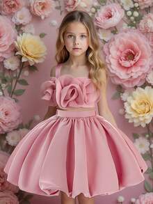 2pcs Young Girls Floral Decor Camisole Top And Skirt Set, Suitable For Birthday Party, Family Vacation, No Headband Included - Bụi hồng - Xem 5