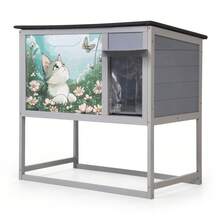 Caseta aislante para gatos, resistente al invierno, de madera con patas alta, puerta y techo abatible, rascador exterior resistente a la intemperie, para animales pequeños en invierno, color gris.