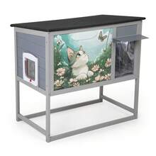 Caseta aislante para gatos, resistente al invierno, de madera con patas alta, puerta y techo abatible, rascador exterior resistente a la intemperie, para animales pequeños en invierno, color gris.