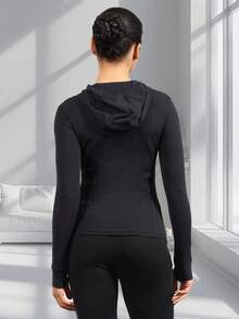 Women's Hooded Long Sleeve Sports Jacket With Thumbholes With Pockets, Breathable Athletic Casual Pullover, Sportswear, Fitness Clothing, Yoga Jacket, Fitness Clothing, Long Sleeve Cycling Sweatshirt, Women's Outdoor Sports Running Tops, Women's Yoga Hoodie Suitable For Running, Fitness, Yoga, Everyday Leisure - 藏蓝色 - 查看 2