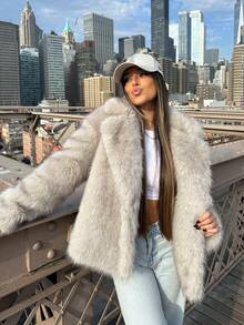 冬季女士翻领仿皮草夹克带口袋时尚长袖保暖蓬松外套 - 淺灰色 - 查看 1