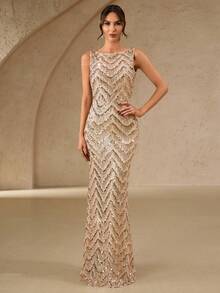 女士夏季新款优雅迷人美人鱼露背连衣裙，适合婚礼、单身派对、度假、庆典、伴娘礼服（成人款）、正式晚礼服、派对礼服 - 杏色 - 查看 6