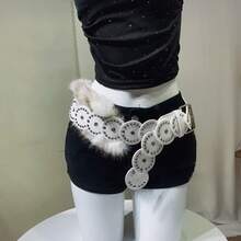 1pc PU Leather Rivet Fleece-Lined Perforated Belt: Punk Street Style Y2K Aesthetic Cool Women's Waist Strap - Pairs With Dresses, Casual Pants & Jeans - A款紅色 - 查看 7