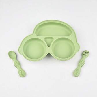 3件套婴儿硅胶餐具套装 - 卡通汽车造型餐盘 + 漏勺（带孔勺） + 软硅胶勺（米糊勺），儿童断奶工具，幼儿餐盘，圣诞节、万圣节、感恩节礼物