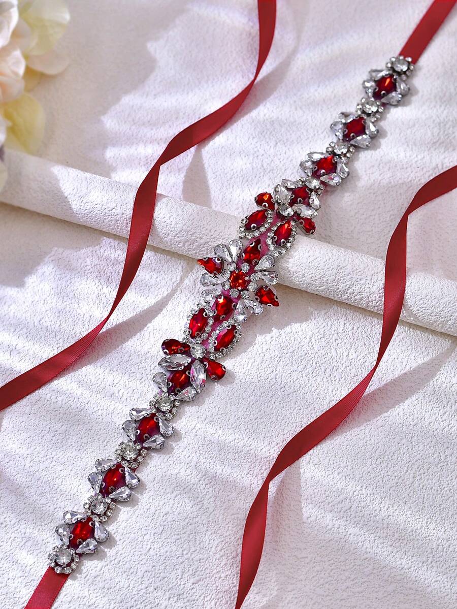 1件酒红色水晶手工婚礼腰带，细腰带，适合正式礼服、新娘配饰、派对宴会装饰、圣诞节和母亲节礼物、情人节配饰