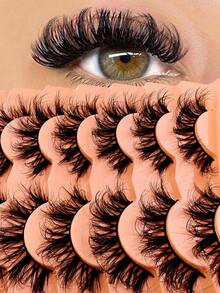 7 Pairs Fluffy Cat-Eye Lashes D Curl Russian Strip False Eyelashes Cat Eye Lashes Natural Look Fluffy Faux Mink Lashes Volume Wispy Long Foxy Eye Lifting Look Fake Eyelashes - 黑色 - 查看 3