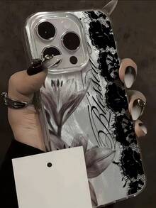 1pc Fashionable Korean Style Lace Flower Slogan Graphic Aesthetic Feather Laser Waterproof Anti-Fingerprint Anti-Scratch Transparent IMD Soft Glossy Smooth Phone Case Compatible With IPhone 16 ProMax/16/16 Pro/16 Plus/15/15 ProMax/15 Pro/11/12/13/14 ProMax/11 ProMax/12 Pro/12 ProMax/13 Pro/13 ProMax/14 Pro/14 ProMax, Chic & Creative - Multicolor - View 2