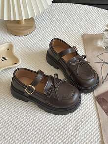 Girls Mary Jane Dress Shoes Bow Strap Thick Sole School Uniform Flats For Daily Wear - màu nâu - Xem 5