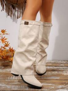 2025新款女士尖头过膝长靴，鲨鱼腿过膝长靴，时尚中筒靴，侧拉链 - 米色 - 查看 1