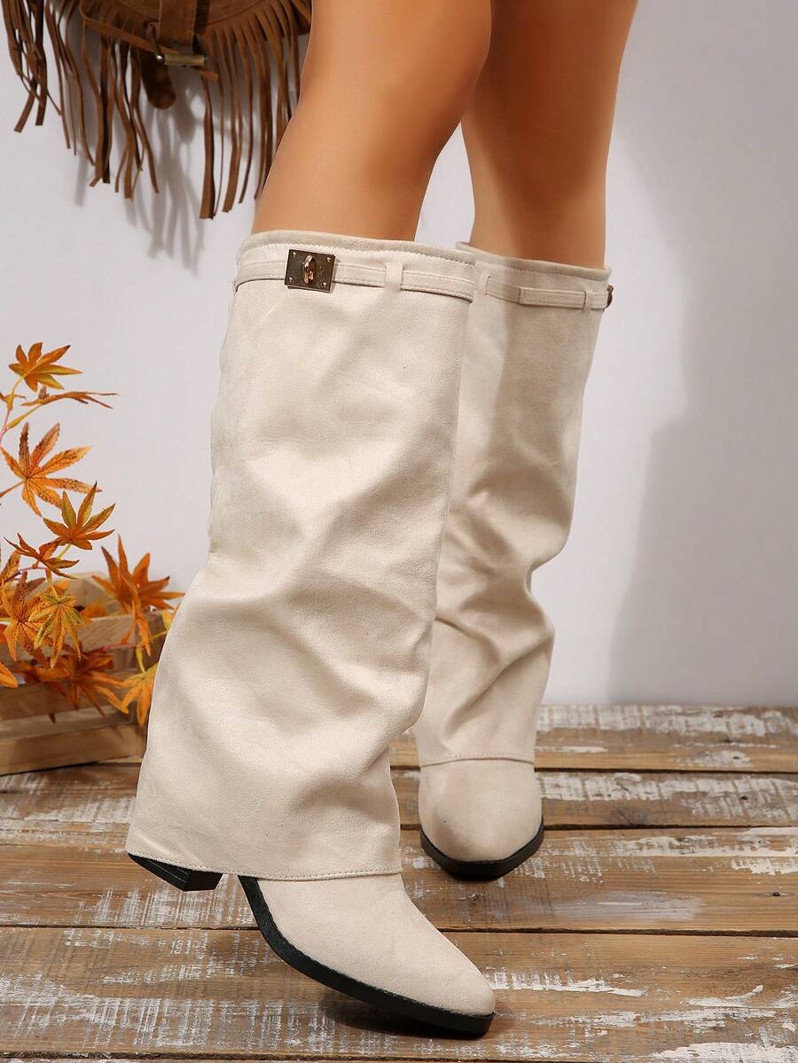 2025新款女士尖头过膝长靴，鲨鱼腿过膝长靴，时尚中筒靴，侧拉链 - 米色 - 查看 1