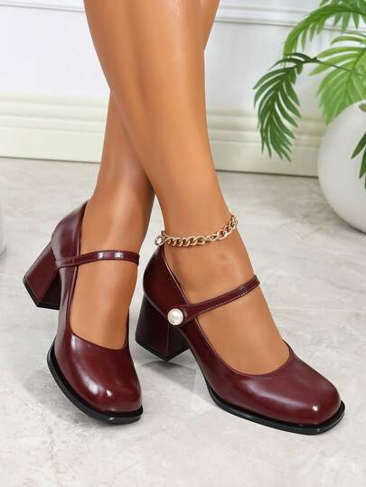 Tacones altos con plataforma y estilo retro francés de Mary Jane, zapatos de cuero de moda para mujer con nuevos ganchos y bucles para fiestas, unicolor elegante con punta redonda y talla grande, tacones burdeos