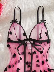 2pcs Women's Sexy Floral Mesh Robe Set, Front Tie Bow Decor Lingerie Set - Purple - View 5