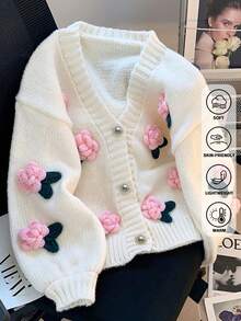 JIANHU Áo khoác cardigan dệt hoa 3D - Áo khoác hở trước mềm mại cho mùa xuân và mùa thu dành cho nữ | Áo choàng Boho rộng rãi với họa tiết thêu ba chiều - trắng - Xem 3