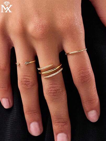 1pc S925 Sterling Silver Spring Ring With Triple-Layer Cubic Zirconia, Minimalist Open Adjustable Design, High-Quality Jewelry Accessory