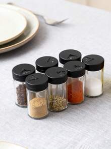 一套透明玻璃调料罐，配有黑色螺旋盖和孔，玻璃调料瓶，适用于厨房台面收纳，适合在家/餐厅存放盐、糖、香料等。 - 黑色 - 查看 6