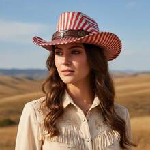 Rainbow Pattern Cowgirl Hat With Bull Head Decorative Leather Band Western Style Wide Brimmed Cap For Men Women - Pink - View 4
