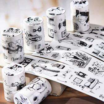 1 rollo de 6*200cm (2.36*78.7 pulgadas) Cinta Washi de estilo manga japonés en blanco y negro para diarios y materiales de cuadernos. Pegatinas estéticas para scrapbooking, diarios, botellas de agua, portátiles, kit de suministros de scrapbooking, pegatinas de vinilo resistentes al agua para diarios de bala para adultos
