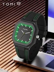 1件 TOMI 男女通用方形硅胶表带手表，简约小众复古创意线条石英表，适合日常生活、节日、送礼、返校季、万圣节、情人节、圣诞节、年末等场合。 - 綠色 - 查看 1