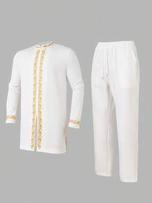 Men's White Dashiki 2-Piece Set – Gold Embroidery, Long Sleeve Shirt With Embroidered Cuffs, Elastic Waist Pants | Stylish African Fashion For Casual, Business, Weddings & Cultural Events, Men's Matching Sets - 白色 - 查看 3