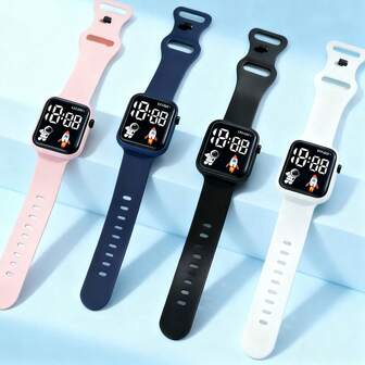 1 pieza Reloj electrónico con correa de silicona con patrón de astronauta y cohete LED intermitente, a pilas, unisex, adecuado para volver a la escuela, regalos, moda y uso casual, decoración diaria