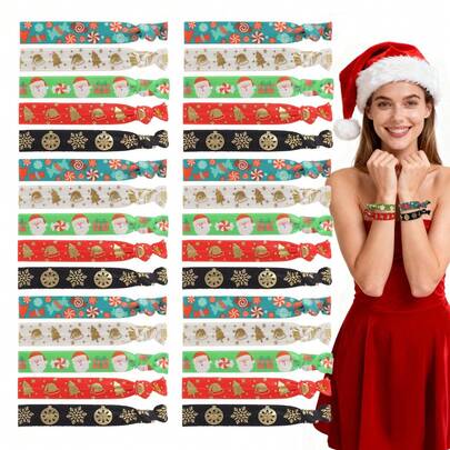 10/20/30pcs Women Christmas Bracelet Hair Ties Elastic Hair Ties Santa Claus Candy Snowflake Pattern Christmas Party Decorations Accessories Gifts, Wrist & Hair Dual Use ,Hair Rope ,Ponytail Holders ,Hair Elastics ,Hair Rubber Bands ,Scrunchies