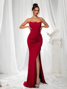 VIPGIRL Pleated Bandeau Backless Tie-Up Slit Maxi Elegant Evening Gown - Red - View 3