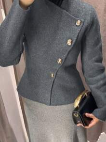 MORI 女士春秋新款长袖针织开衫，休闲时尚学院风，金属纽扣不对称设计，适合通勤穿着。纯灰色开衫，新年理想之选。 - 灰色 - 查看 5